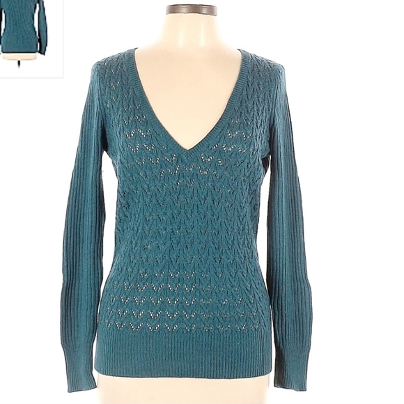 The Limited Teal Wool Blend Pullover V-Neck Open Knit Sweater Women's Large L - Picture 1 of 7